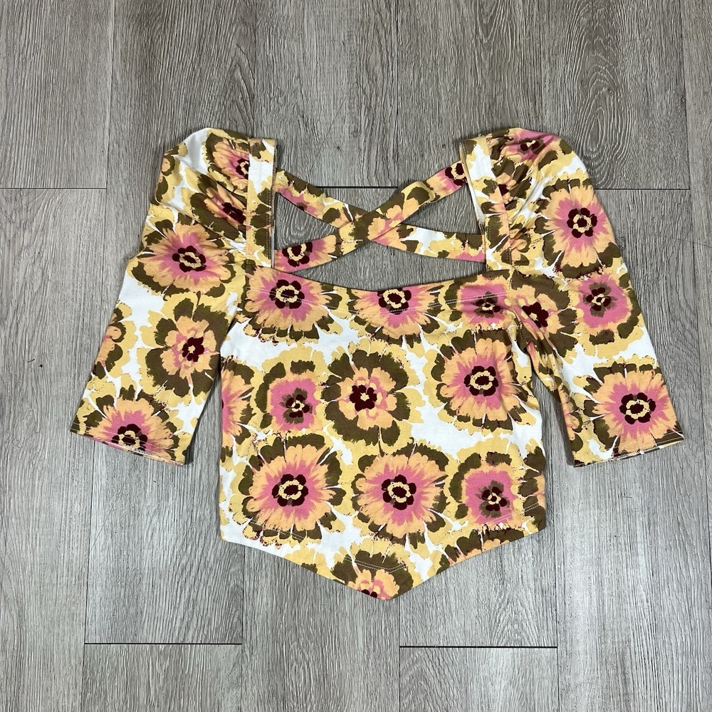 Bohemian Free People Floral Top Pink Yellow Puff Sleeve Open Back XS festival